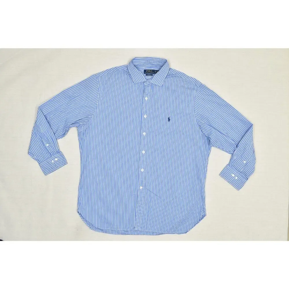 Polo Ralph Lauren Mens 18 34/35 Slim Fit Blue White Striped Dress Shirt Long Sle